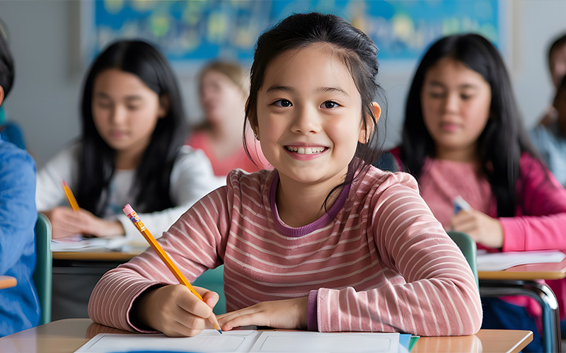 A young primary school student smiling in a classroom setting