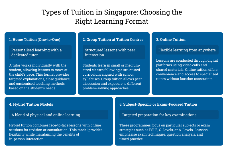 An infographic titled "Types of Tuition in Singapore: Choosing the Right Learning Format